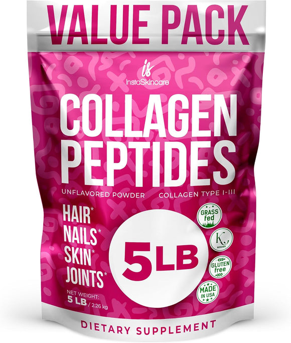 Collagen Peptides Powder for Women Hydrolyzed Collagen Protein Types I and III Non-GMO Grass-Fed Gluten-Free Kosher and Pareve Unflavored Easy to Mix Drink Healthy Hair Skin Joints Nails 5 LB