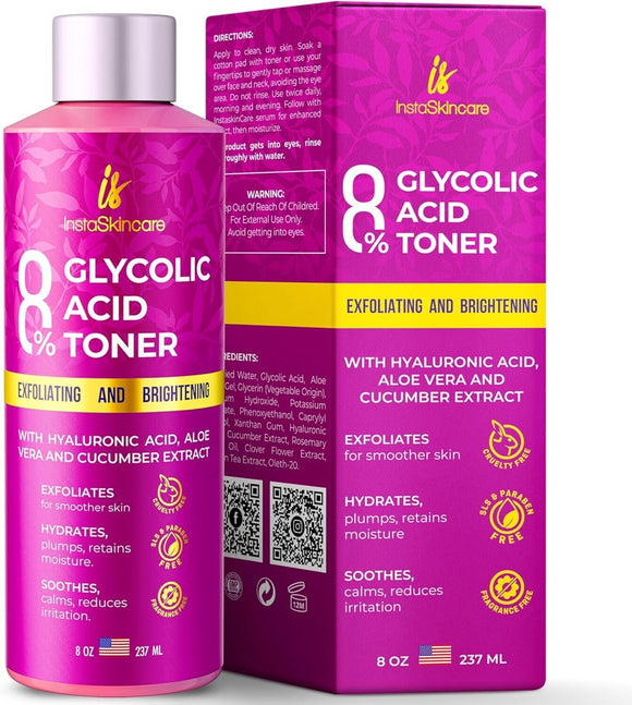 InstaSkincare Glycolic Acid 8% Toner for Face with Hyaluronic Acid 8 Oz